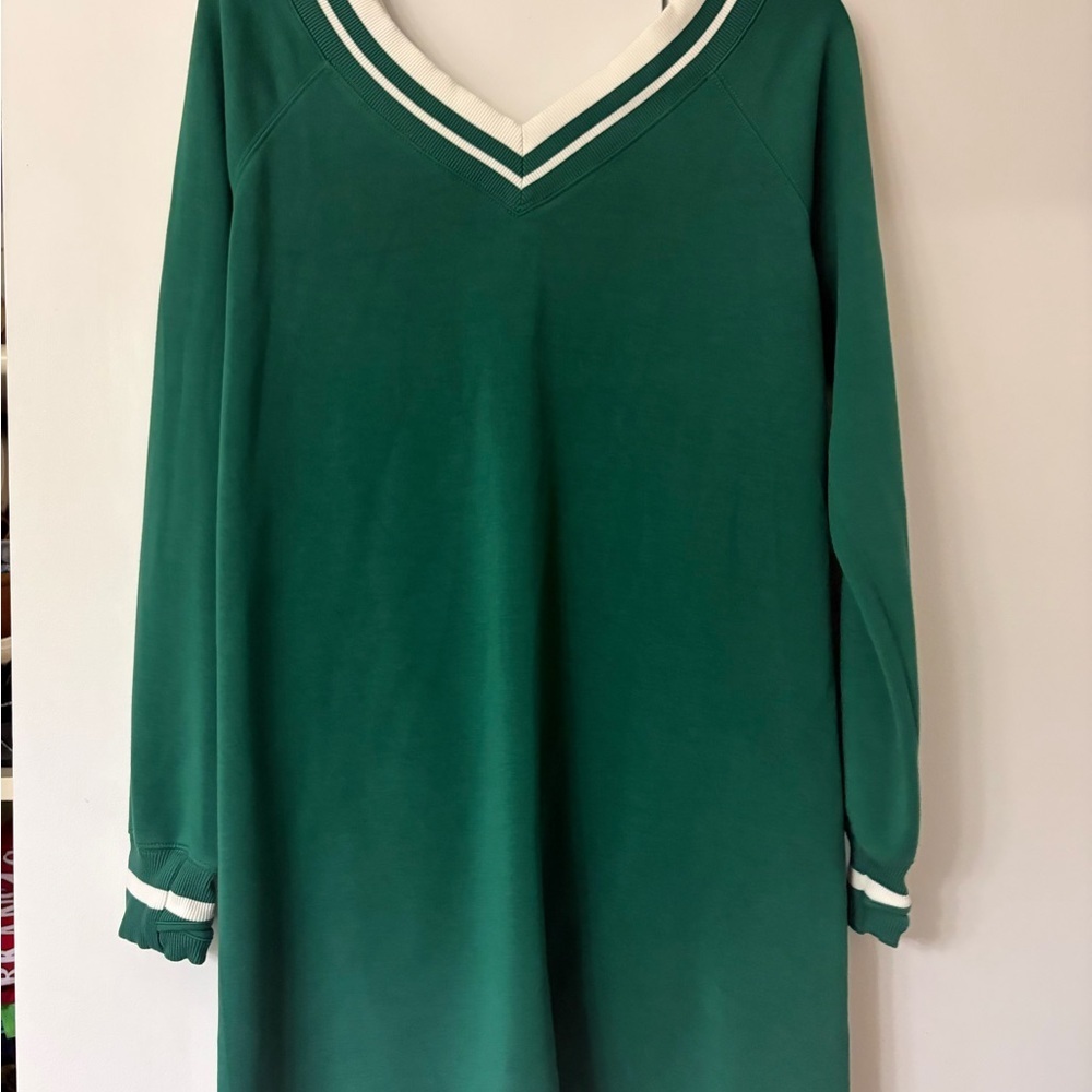 Green V-Neck Long Sleeve Dress with White Stripe Trim - Picture 6 of 6